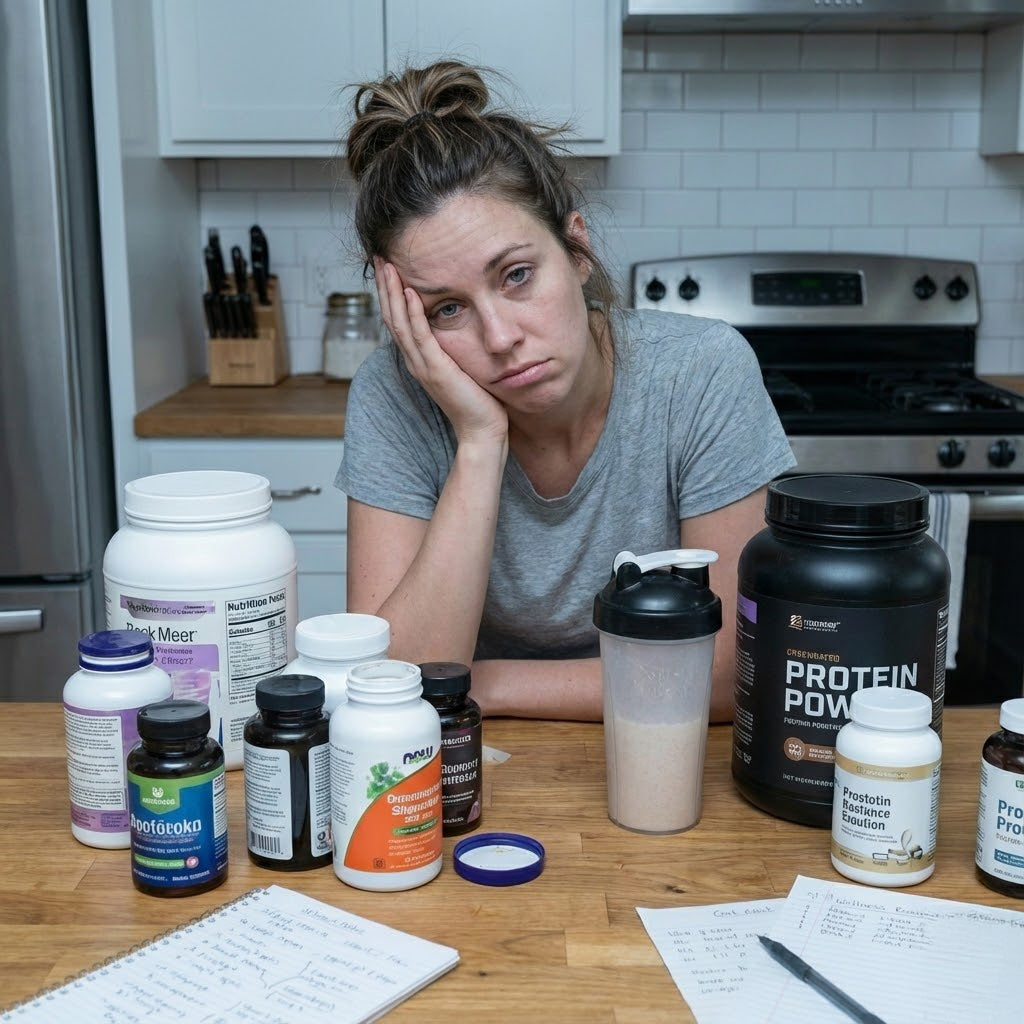 Person sitting at a kitchen table surrounded by various health supplements and a shaker bottle.